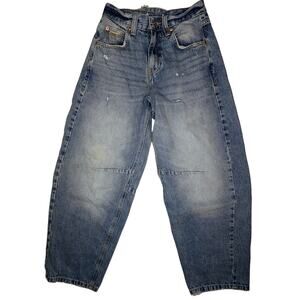 BDG Urban Outfitters Cinch Back Barrel Jeans Distressed Seam Knee 24x26 Cocoon